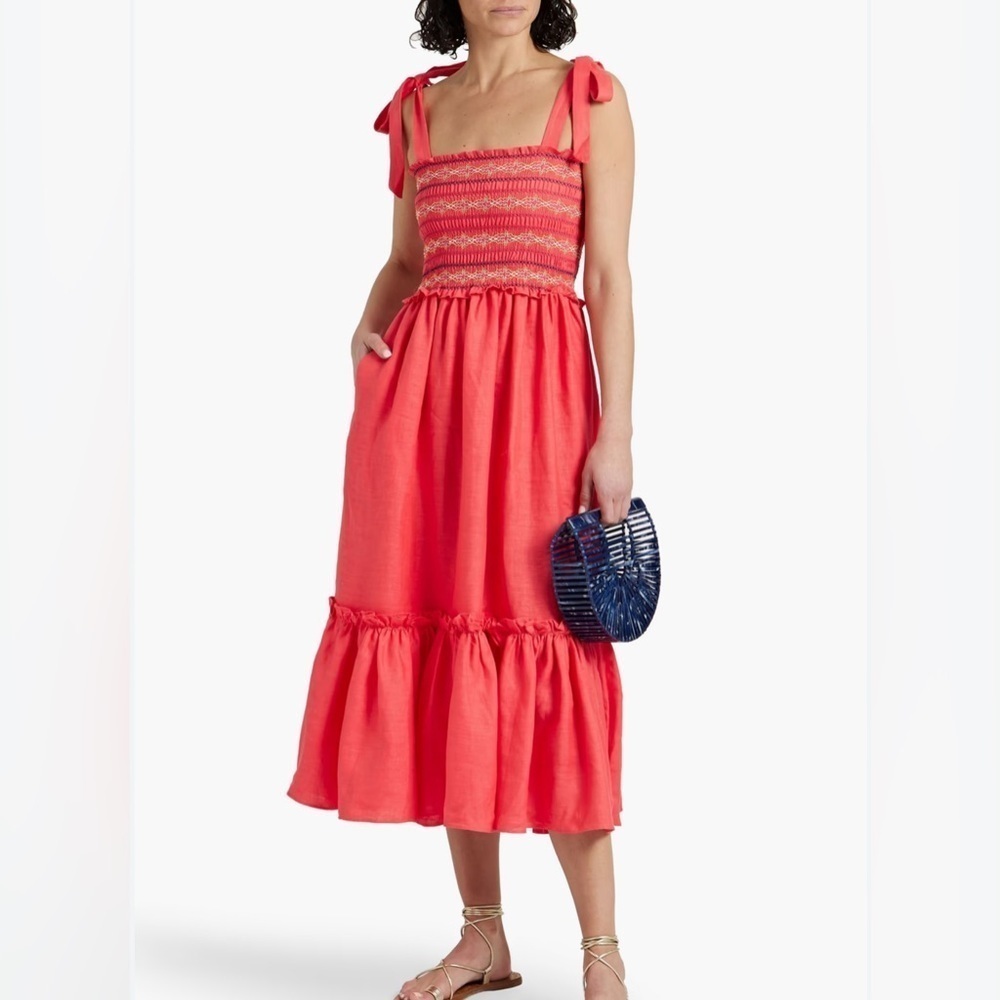 New Cara Cara Jenny Smocked Linen Sundress Jenny Pink Hibiscus Fit Size M- L